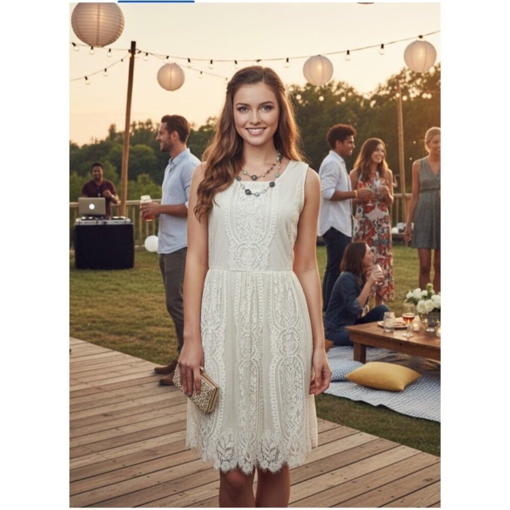 Rue21 Cream Lace Sleeveless Mini Dress Medium Boho Western Fairy Casual Chic